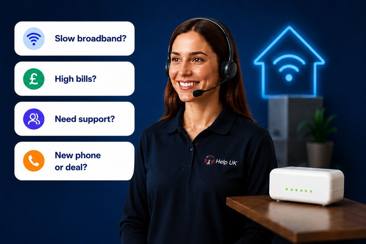 Help UK support agent, with cards for slow broadband, high bills, needing support, and new phone or deal